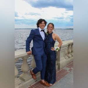 SHERRI HILL navy beaded prom dress